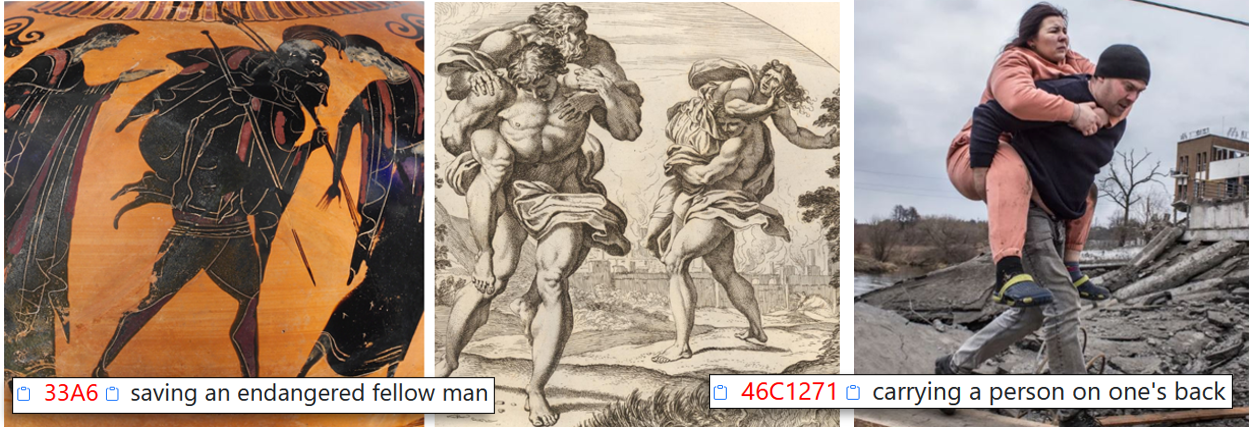 A person standing next to a painting of a group of men Description automatically generated